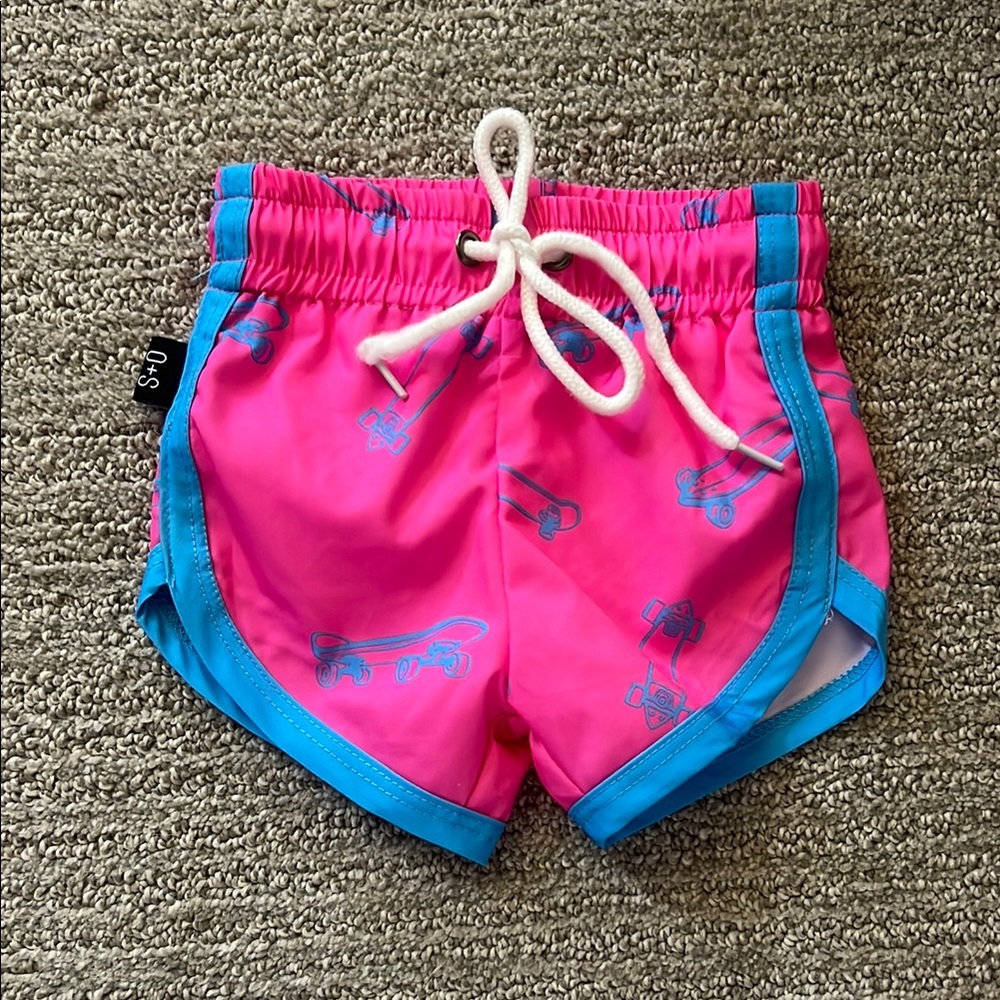 Olive + Scout pink and blue skateboard board shorts